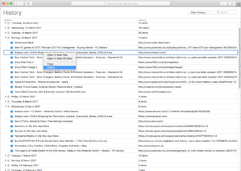 How to delete web browsing history on Mac: Individual sites in Safari