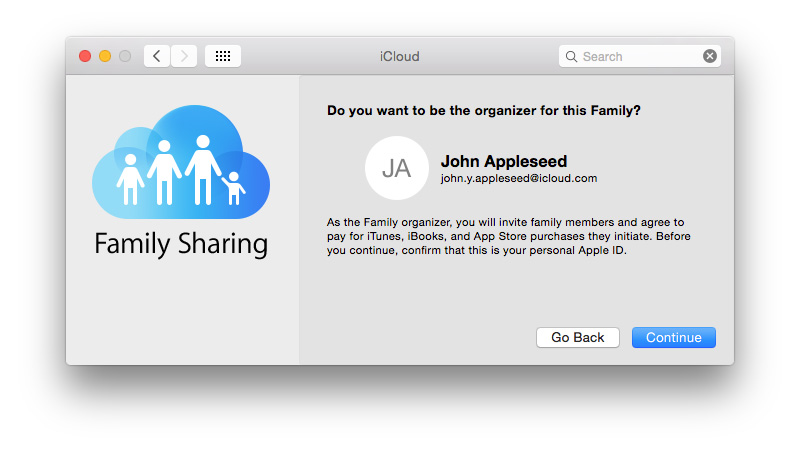 How to set up Family Sharing: Family Sharing Organizer window