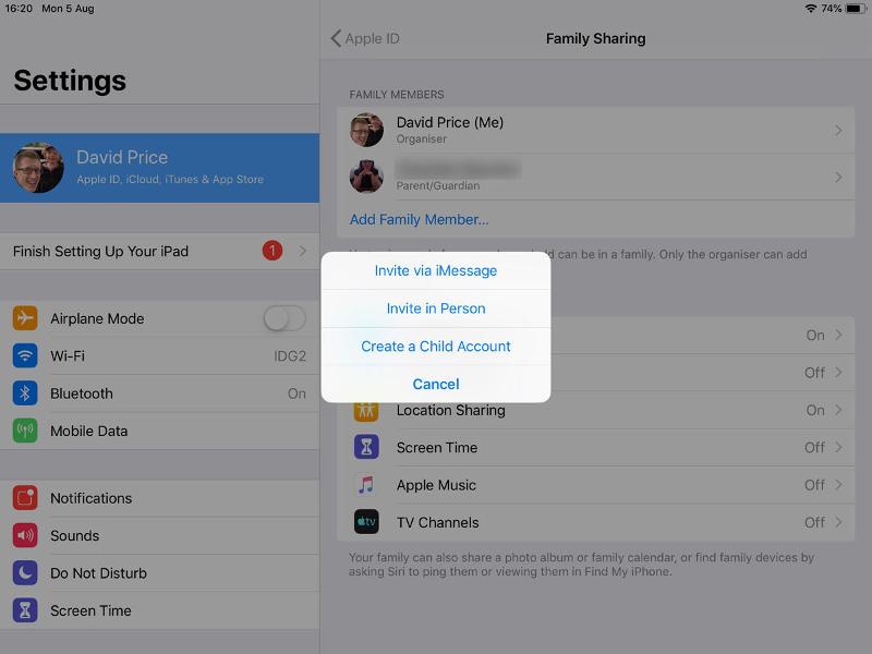 How to set up Family Sharing: iPad invitation options