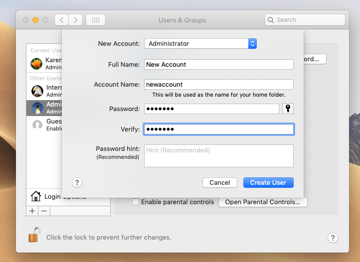 how to reset administrator name and password on mac