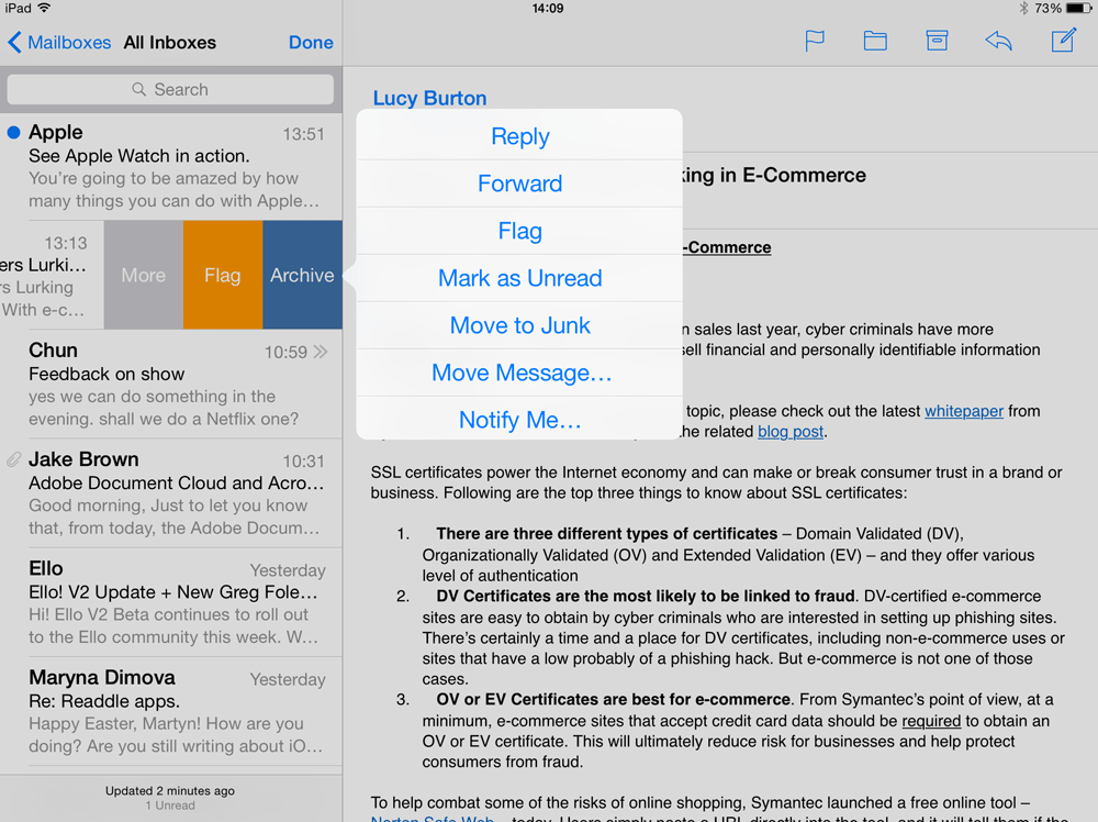 Outlook for iOS 8 vs Apple Mail for iOS Macworld